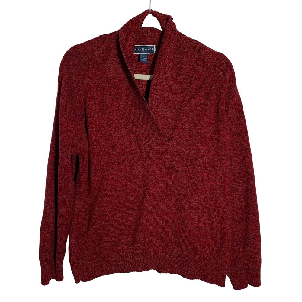 Karen Scott Size L Pullover Long Sleeve Shawl Collar Marled Knit Red Sweater
